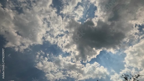Timelapse of white clouds moving to cover the sun during the day. During the day, the blue sky is cloudy. Climate and weather concept. 4K footage
