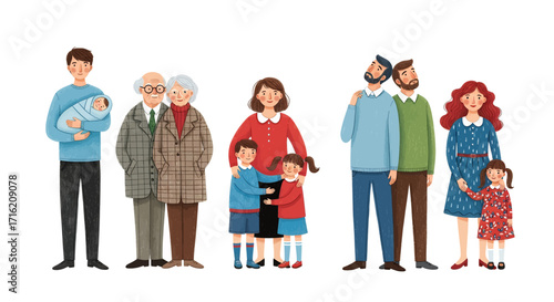 MultiGenerational Family Portrait Illustration  Grandparents Parents and Children Standing Together