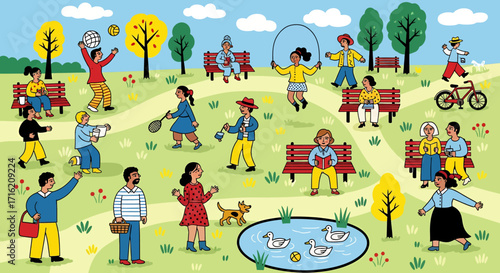 People Enjoying a Sunny Day in the Park  Diverse Group Activities and Leisure Time Illustration