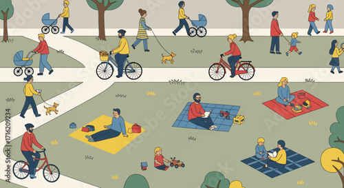 People Enjoying a Sunny Day in the Park  Families Dogs Bicycles and Leisure Activities Illustration
