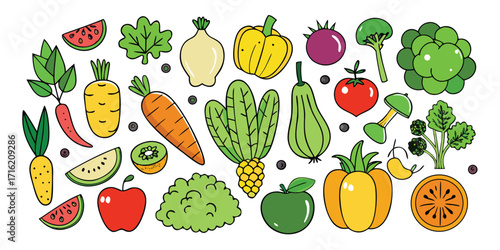 Colorful assortment of fresh fruits and vegetables in a whimsical doodle style
