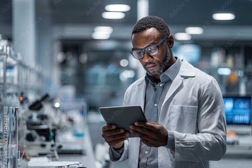 Fototapeta premium African American scientist focused on tablet in modern laboratory research setting.