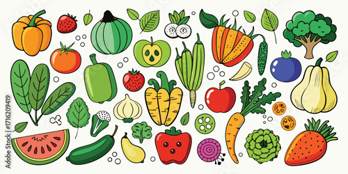 Colorful assortment of fresh fruits and vegetables hand-drawn style vibrant produce collection