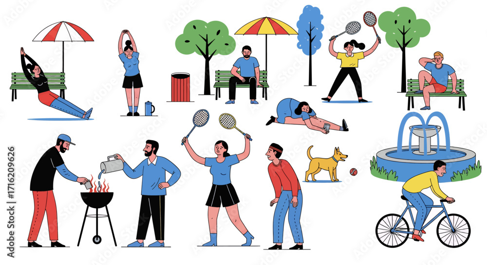 Fototapeta premium People Enjoying Summer Activities in a Park Relaxation Sports and Leisure Lifestyle Illustration