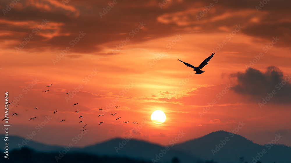 Fototapeta premium Majestic sunset with birds flying over mountains a vibrant sky