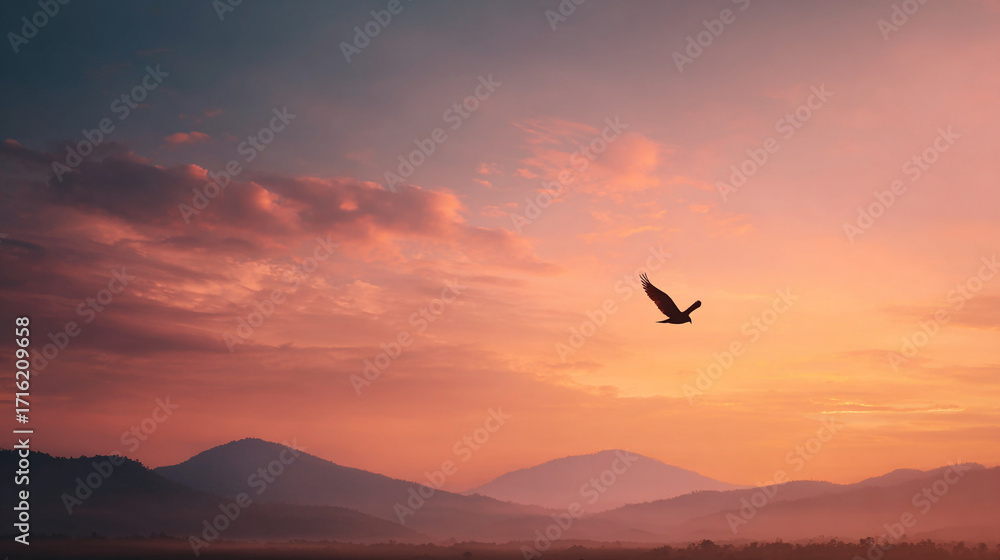 Naklejka premium Bird soaring over misty mountains at sunrise a peaceful scenic view