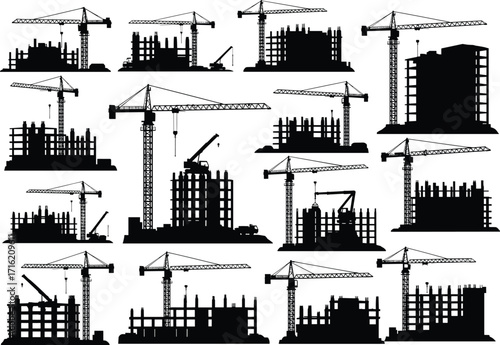silhouette, construction, building, crane, scaffold, tower, highrise, urban, skyline, site, structure, vector, black, icon, design, architecture, project, industrial, engineering, development