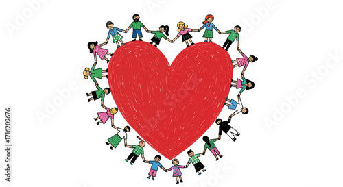 People Holding Hands Around a Big Red Heart Unity and Community Concept Illustration