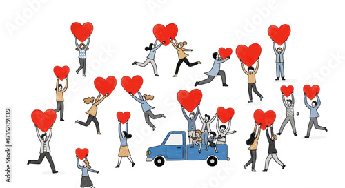 People Holding Hearts Delivering Aid in a Van  Charity Donation Support Concept
