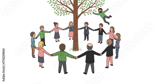 People Holding Hands Around Tree Community Circle Teamwork Unity Environmental Protection Nature Concept Illustration