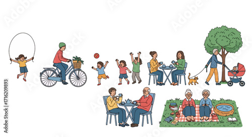 People Enjoying Outdoor Activities in Park  Family Cycling Playing Relaxing and Senior Lifestyle Illustration