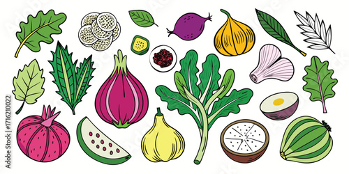 Vibrant assortment of fresh fruits and vegetables hand-drawn style food collection
