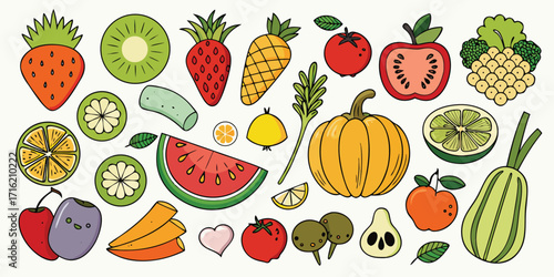 Vibrant assortment of fresh fruits and vegetables displayed in a lively composition