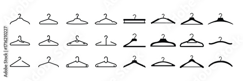 Create a kinds of Different  clothe hangar . Vector art silhouette with white background.  Collection of four clothes hangers in black color . eps 10 