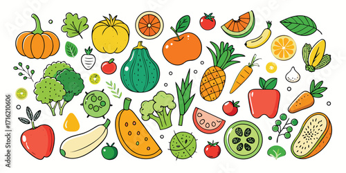 Vibrant assortment of fresh fruits and vegetables in a lively artistic style