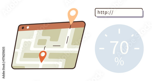 Digital map with location pins connected by a dashed route line, http bar displaying URL placeholder, and circular progress indicator. Ideal for navigation, web design, travel, progress tracking