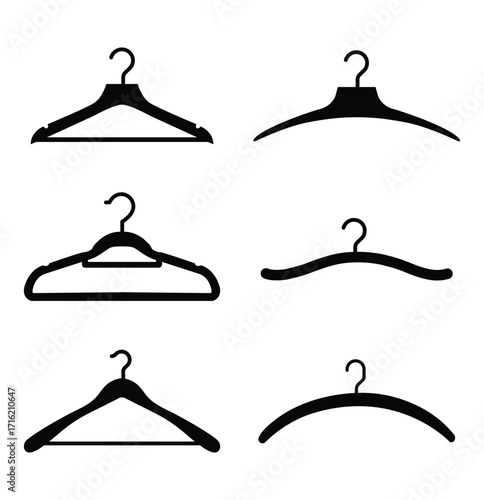  Set of clothes hanger vector icons. Hanger for cloakroom or closet. Hang for coat, shirt or suit. Clothes hanger silhouette collection.  eps 10 