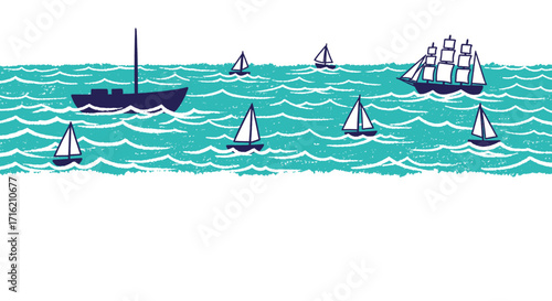 Sailboats on Ocean Waves Nautical Illustration Summer Vacation Background Marine Travel Concept
