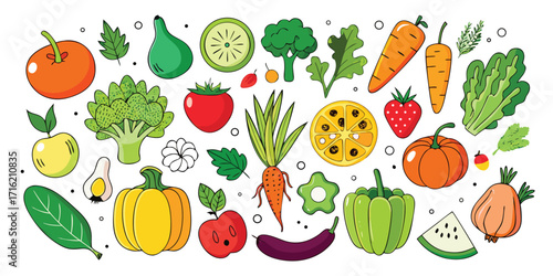 Colorful assortment of fresh fruits and vegetables artistically arranged together