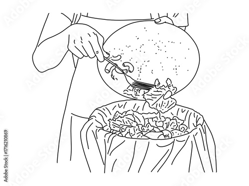 Hand drawn line of Hands throwing away food from plate into garbage bin,Woman scraping food leftovers or waste into kitchen bucket at home,Food waste concept vector  illustration