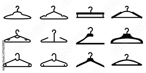 Clothes hanger icon.  Hanger for cloakroom or closet. Hang for coat, shirt or suit. Clothes hanger silhouette collection  . eps 10 