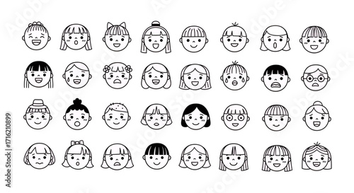 Set of Diverse Cartoon Faces with Different Hairstyles and Expressions Line Art Icons