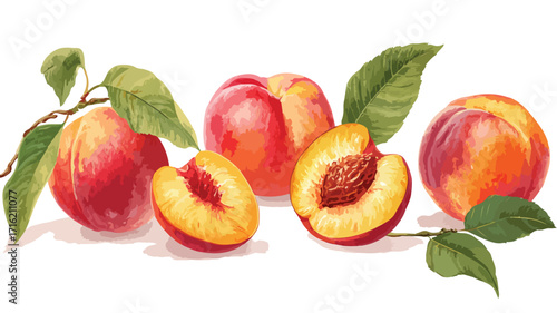 Juicy Fresh Peach Slices & Whole Fruits Compilation on White Background