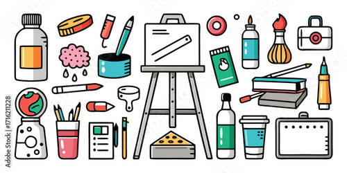 Art supplies collection easel paint brushes ink bottles and drawing tools