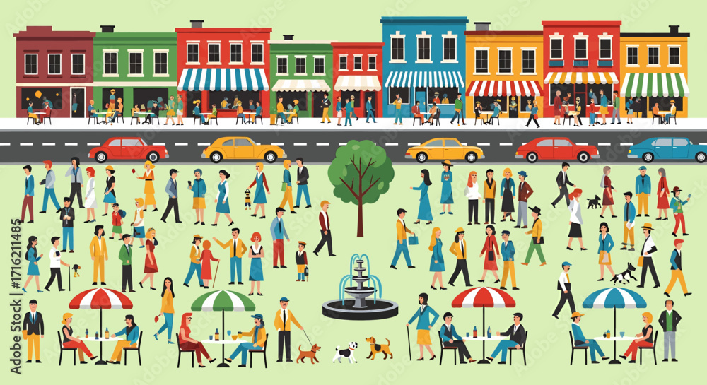 Fototapeta premium Vibrant Cityscape with People Walking Shopping and Relaxing in a Colorful Town Street Scene