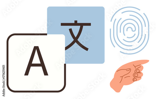 Letter A, Chinese character, fingerprint, and pointing finger represent multilingual communication, identity verification, and technological solutions. Ideal for translation, security, biometrics