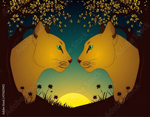 Two cats face each other at sunset