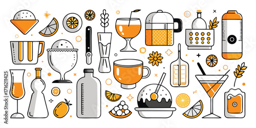 Refreshing drinks and barware collection vibrant citrus and cocktail elements hand drawn style