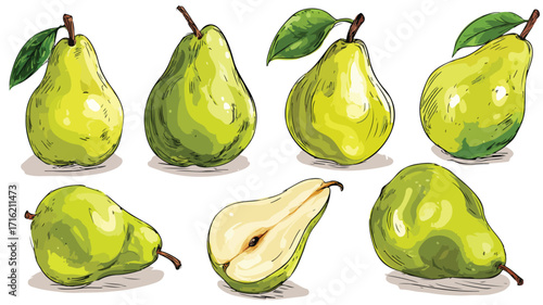 Vibrant Fresh Green Pear Fruit Photography from Multiple Perspectives
