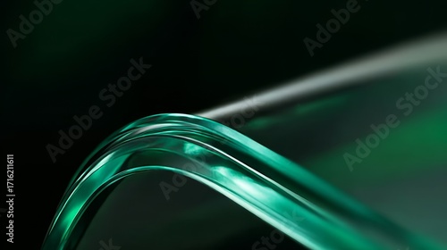 Close-up of a translucent green glass curve with reflective surface against dark background