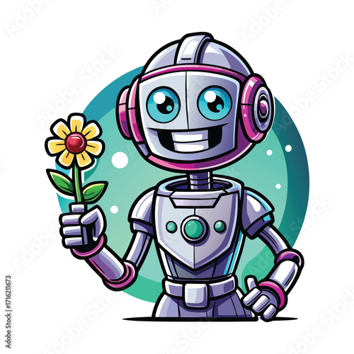 A cheerful robot holds a bright yellow flower, isolated on white background