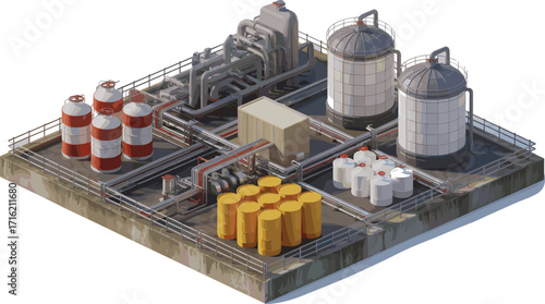 Industrial oil storage facility with tanks, pipelines, barrels, and processing units on concrete platform