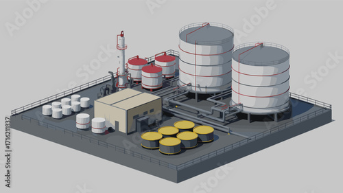 Industrial oil storage facility with tanks, pipelines, barrels, and processing units on concrete platform