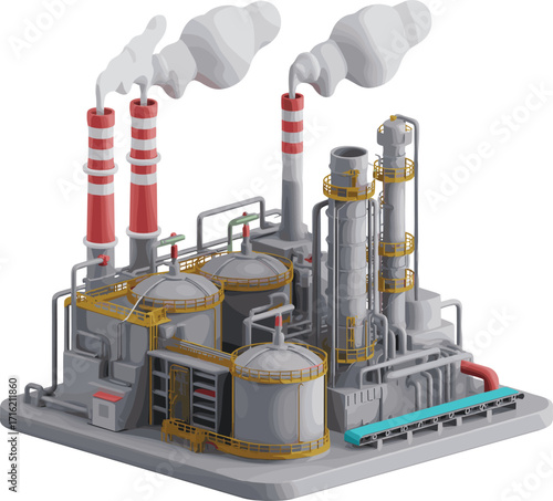 Industrial oil storage facility with tanks, pipelines, barrels, and processing units on concrete platform