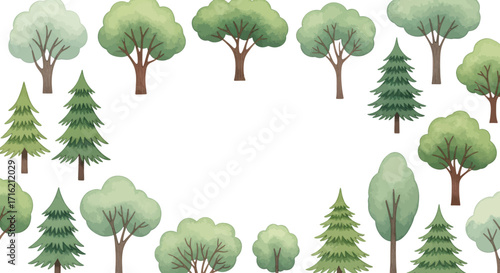 Watercolor Forest Trees Border Frame on White Background for Design and Illustration