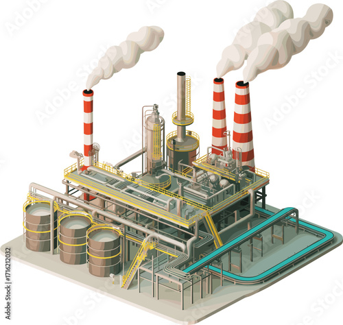 Industrial oil storage facility with tanks, pipelines, barrels, and processing units on concrete platform