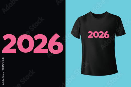 Happy new year 2026 celebration design with clock and fireworks on white t shirt mockup