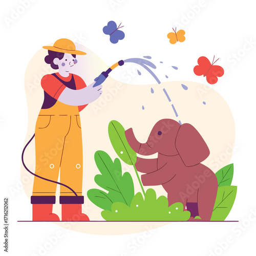 A gardener is watering a baby elephant with a hose and butterflies flying around