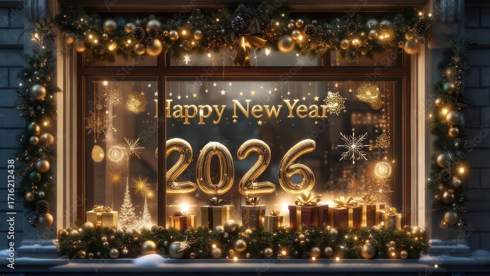 Obraz premium New Year 2026 window display with decorations