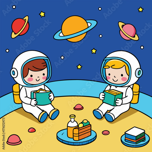 Two cute astronaut cartoon characters having a picnic in space illustration