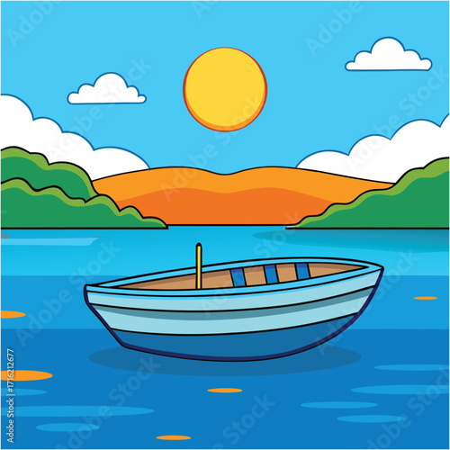 Boat floating on the water with a mountain and sun in the background, on a sunny day

