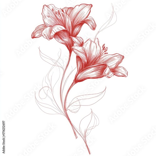 Delicate red lilies elegantly sketched, showcasing their detailed petals and slender stems with light grey leaves, creating a graceful floral composition