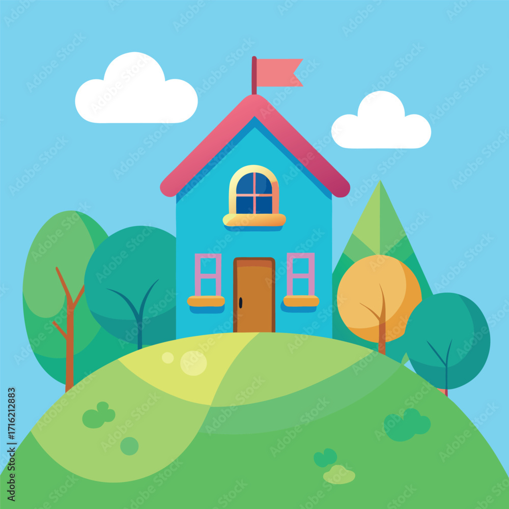 Naklejka premium Colorful house on a green hill with trees and clouds in a bright and cheerful style
