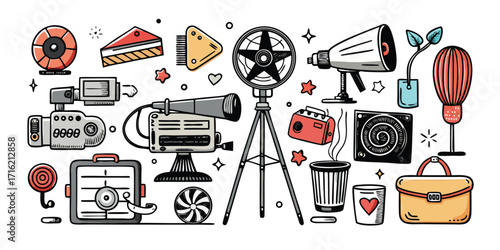 Retro media production elements film cameras microphones lights tripods and accessories collection