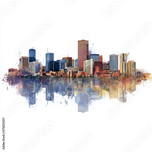 Skyline Reflections: A cityscape, beautifully rendered, reflects in the water below, its modern architecture blending with vibrant hues, painted to evoke the soul of a modern urban landscape.