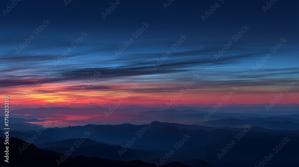 Fototapeta premium Scenic mountain range at twilight with a colorful sunset, creating a peaceful and serene landscape
